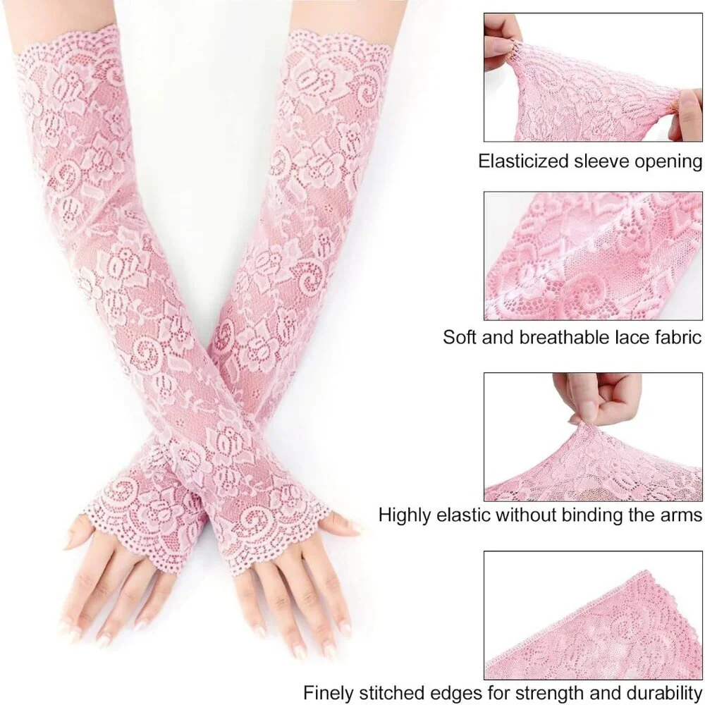 Women's 1 Pink Fingerless Lace Arm Sleeves Gloves Wedding Dress Party Prom